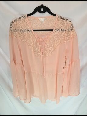 NWT Decree Cottagecore Peach Girlhoodcore Peplum Chiffon Bell Sleeve Blouse XL